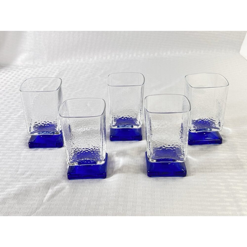 Disaronno clear and blue square Textured glasses Lot Of 5 - 2 Inch Square Bottom